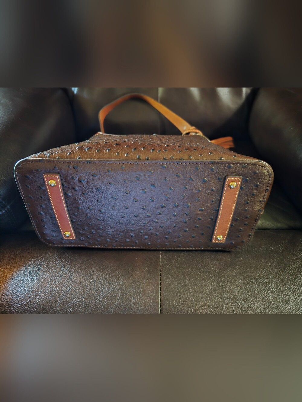Dooney and Bourke Brown Ostrich Shoulder Bag with Tassel Accent - Picture 5 of 6